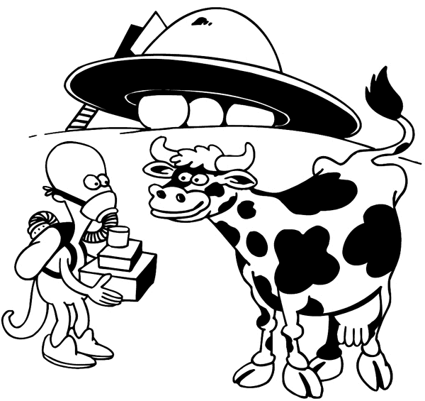 Alien from UFO giving gifts to a cow vinyl sticker. Customize on line. Crazy Comics 026-0225